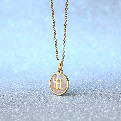 Letter H Плоские круглые ожерелья с инициалами из нержавеющей стали с натуральными белыми ракушками для женщин, золотые, цвет морской раковины, Письмо ч, 18.11 дюйм (46 см)