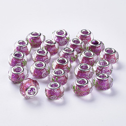 Magenta Handmade Inner Flower Lampwork European Beads, Large Hole Beads, with Glitter Sequin inside and Silver Color Plated Brass Double Cores, Rondelle, Magenta, 14x11mm, Hole: 5mm