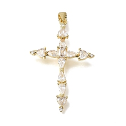 Real 18K Gold Plated Brass Micro Pave Clear Cubic Zirconia Pendants, Heart & Teardrop Cross Charms, Lead Free & Cadmium Free, Long-Lasting Plated, Rack Plating, Real 18K Gold Plated, 41.5x27.5x4mm, Hole: 4x3mm