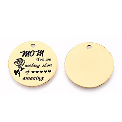 Золотой День матери 201 кулоны из нержавеющей стали, плоский круглый со словом мама и икра, золотые, 30x1.5 мм, отверстие : 2 мм