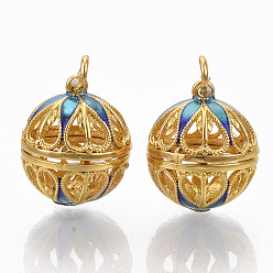 Золотой Подвески из латуни, для ожерелья, с эмалью и железными кольцами, полый круглый с цветком, золотые, 21.5x18x20.5 мм, отверстие : 4 мм, внутренней меры: 15.5 мм