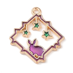 Средняя Орхидея Кулон эмали сплава, золотой свет, ромб с подвеской кролика, средне орхидеи, 25x22x1.5 мм, отверстие : 1.6 мм