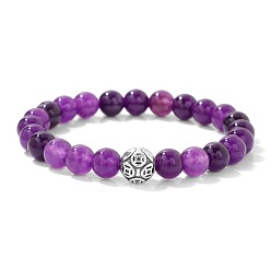 Аметист Эластичные браслеты с круглыми бусинами из натурального аметиста, талисманы из сплава, ювелирные украшения на удачу для женщин и мужчин, 7.48 дюйм (19 см)