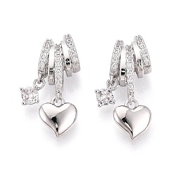 Платина Латунные микропаве прозрачные подвески с фианитом, сердце со звездными подвесками, платина, 25~26 мм, отверстие : 7x4.5 мм
