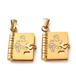 Golden 304 Stainless Steel Pendants, Book with Father & Child Charms, Polished, Ion Plating(IP), Golden, 25x18x4.5mm, Hole: 5.5x2.5mm