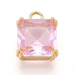 Pink Латунные микро проложить кубического циркония прелести, квадратный, розовые, 13.5x11x6 мм, отверстие : 2 мм