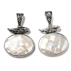 Old Lace Natural Paua Shell Pendants, Antique Silver Plated Alloy Oval Charms, Old Lace, 47x41x9mm, Hole: 16x7mm
