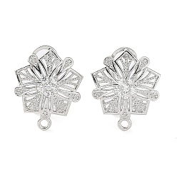 Platine Boucles d'oreilles en laiton, fleur creuse, micro pavé, zircone cubique, recherche, avec boucles horizontales, sans cadmium et sans plomb, platine, 18x15.5mm, Trou: 1.5mm, pin: 0.8 mm
