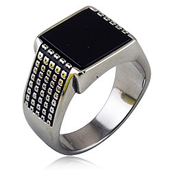 Обсидиан 304 Кольца из нержавеющей стали с натуральным обсидианом, квадратный, античное серебро, размер США 9 (18.9 мм)