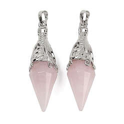 Розовый Кварц Большие подвески из натурального розового кварца с огранкой в форме двухконусов, с латунной фурнитурой , платина, 50~54x16~17 мм, отверстие : 7x5 мм