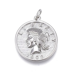 Платинированный Латунные подвески, с прыжковых колец, долговечный, плоские круглые с человека, свобода слова, Реальная платина, 20x18x3 мм, отверстие : 3 мм