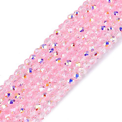 Pink Прозрачные стеклянные бусины, двухконусные, с покрытием AB цвета, с половиным покрытием, граненые, окрашенный и сердечный, розовые, 2~2.3x1.8~2 мм, отверстие : 0.5~0.6 мм, около 182~195 шт / нитка, 13.98~14.76 дюйм (35.5~37.5 см)