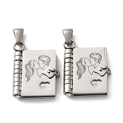 Stainless Steel Color 304 Stainless Steel Pendants, Book with Couple Charms, Polished, Stainless Steel Color, 25x18x4.5mm, Hole: 5.5x2.5mm