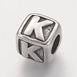 Letter K Устойчивые к потускнению 304 европейские бусины из нержавеющей стали, горизонтальное отверстие, бусины с большим отверстием, куб с letter.k, 8x8x8 мм, отверстие : 4 мм