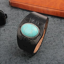 Черный Браслеты из искусственной кожи и овальных синтетических бирюзовых камней, браслеты-защелки для мужчин, чёрные, 9.65 дюйм (24.5 см)
