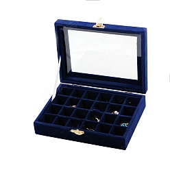 Midnight Blue Velvet Jewelry Storage Box with 24 Compartments, Visible Window Jewelry Organizer Display Case for Earrings Rings Necklaces, Rectangle, Midnight Blue, 15x20x5cm