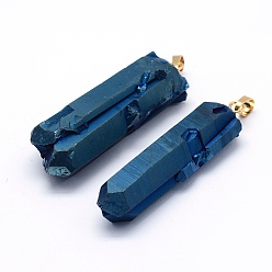 со Синим Покрытием Гальванизированные натуральные кристаллы из кварцевого кристалла, с латунной фурнитурой золотого цвета, самородки, окрашенные, с покрытием синим, 33~62x6~18 мм, отверстие : 5x8 мм