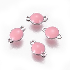 Pink 304 соединительные звенья эмалированные нержавеющие, эмалированные блестки, плоско-круглые, цвет нержавеющей стали, розовые, 9.5x6x3.5 мм, отверстие : 1.2 мм