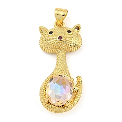 Clear AB Rack Plating Brass Micro Pave Clear Cubic Zirconia Pendants, with Glass, Long-Lasting Plated, Cadmium Free & Lead Free, Cat Shapes Charms, Clear AB, 30.5x13x6mm, Hole: 4x3.5mm