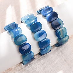 Dodger Blue Oval Natural Banded Agate(Dyed & Heated) Beaded Stretch Bracelets for Women Men, Dodger Blue, Inner Diameter: 2.40 inch(6.1cm)