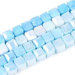 Светло-Голубой Антикоррозийные гальванические стеклянные бусины, имитация драгоценных камней, кубические, с покрытием AB цвета, граненые, два тона, Небесно-голубой, 5.5~6.5x5.5~5.5~6.5x5.5~5.5~6.5 мм, отверстие : 1~1.2 мм, около 58~63 шт / нитка, 13.39~14.49'' (34~36.8 см)