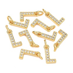 Letter L Colgantes Shegrace de latón con microengaste de circonitas cúbicas transparentes, sin níquel, real 18 k chapado en oro, Dijes de la letra l, 12x6x2.5 mm, anillo de salto: 5x1 mm, diámetro interior: 3 mm