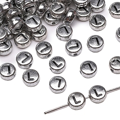 Letter L 50шт. посеребренные акриловые бусины, алфавита бисера, плоские круглые с буквы, Письмо L, 7x4 мм, отверстие : 1 мм