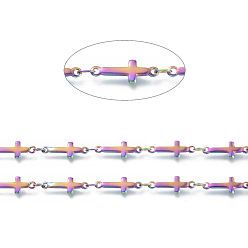 Rainbow Color Ионное покрытие (ip) вручную 304 прутковые цепи из нержавеющей стали, пайки, с катушкой, крестик, Радуга цветов, 13x5x1.5 мм, около 32.8 футов (10 м) / рулон