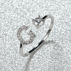 Letter G Манжеты из латуни с микро паве кубический цирконий для женщин, открытые кольца, платина, Буква G, внутренний диаметр: 16~19 мм