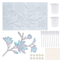 White DIY Epoxy Resin Craft Kits, including Flower Silicone Molds, Disposable Latex Finger Cot, Disposable Plastic Transfer Pipettes, Measuring Cup and Wooden Mixing Sticks