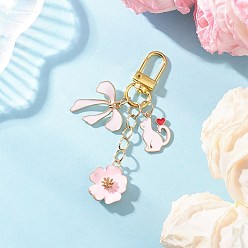 Pink Подвесные украшения из эмалевого сплава с цветами, бантами и кошками, с поворотными застежками сплава, розовые, 83 мм