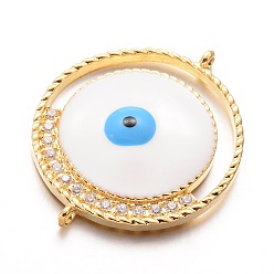 Golden Brass Micro Pave Cubic Zirconia Links connectors, with Enamel, Flat Round with Evil Eye, Golden, 35x29x5mm, Hole: 1mm