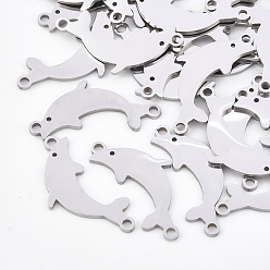 Нержавеющая Сталь Цвет Устойчивы к потускнению 201 соединители из нержавеющей стали, лазерная резка, дельфин, цвет нержавеющей стали, 24.5x12x1 мм, отверстие : 1.6 мм
