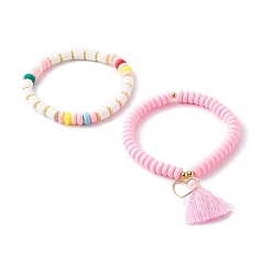 Pink Handmade Polymer Clay Beads Stretch Bracelets Sets, with Brass Beads & Pendants, with Tassels, Heart, Pink, Inner Diameter: 2~2-1/8 inch(5.2~5..5cm), 2pcs/set