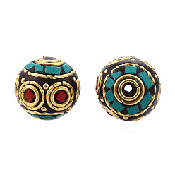 Dark Turquoise Handmade Indonesia Beads, with Brass Findings, Round, Golden, Dark Turquoise, 15~15.5x14~14.5mm, Hole: 1.2~1.4mm