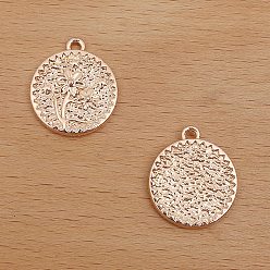 Light Gold Alloy Pendants, Flat Round with Flower, Light Gold, 21x18mm