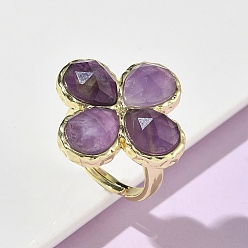 Аметист Регулируемые кольца на палец с натуральным аметистом, огранкой, для женщин, клевер, латунные кольца для обшивки стойки, золотые, 17 мм