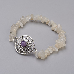 White Moonstone Natural White Moonstone and Natural Amethyst Beads Link Bracelets, with Alloy Findings, Flat Round with Spider Web, 1-7/8 inch(4.9cm)