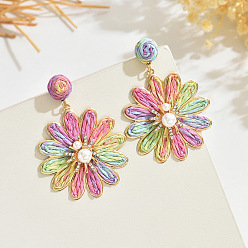 Разноцветный Серьги-гвоздики из цветочного сплава из рафии, с пластиковым жемчугом и хрустальными стразами, золотые, красочный, 60x45 мм