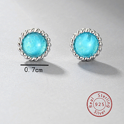 Cyan Cubic Zirconia Flat Round Stud Earrings, 925 Sterling Silver Earrings, Cyan, 70mm