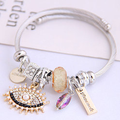 Мокасин Регулируемые 304 европейские браслеты из нержавеющей стали, браслеты с подвесками для женщин, слово морава и дурной глаз, со сплавом, стразами и смолой, мокасин, внутренний диаметр: 2-1/8 дюйм (5.5 см)