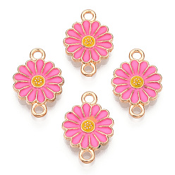 Hot Pink Zinc Alloy Enamel Sunflower Connector Charms, Flower Links, Light Gold, Hot Pink, 18x12x2mm, Hole: 1.8mm