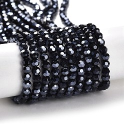 Black Electroplate Opaque Glass Beads Strands, Faceted(32 Facets), Pearl Luster Plated, Round, Black, 4mm, Hole: 0.7mm, about 88~95pcs/strand, 12.99~14.06 inch(33~35.7cm)