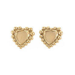 Real 14K Gold Plated Ion Plating(IP) 304 Stainless Steel Stud Earring Findings, Earring Setting for Enamel, with Ear Nuts, Heart, Real 14K Gold Plated, 18x19.5mm, Pin: 0.7mm, Tray: 9x9mm