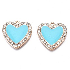 Голубой Стойки обшивки сплава эмали подвески, с кристально горный хрусталь, без кадмия, без никеля и без свинца, золотой свет, сердце, голубой, 21x21x2.5 мм, отверстие : 1.8 мм