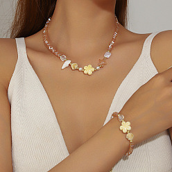 Цветок Ожерелья и браслеты из жемчужных бусин из сплава, стразов, стекла, фарфора и пластика, золотые, цветок, колье: 16.54 дюйм (42 см)