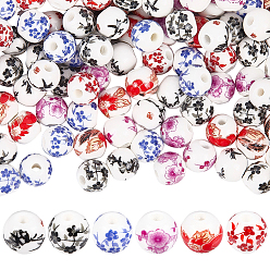 (52) Непрозрачная лаванда Фарфоровые керамические бусины ручной работы с цветочным принтом, круглые, разноцветные, 8~8.5 мм, отверстие : 2 мм, 20 шт / стиль