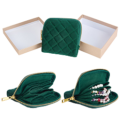 Dark Green Rhombus Textured Velvet Jewelry Storage Zipper Pouches for Earrings Rings Bracelets Necklaces, Square, Dark Green, 12x12x2.8cm