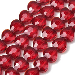 FireBrick Transparent Glass Beads Strands, Heart, Faceted, FireBrick, 10x10x4.5mm, Hole: 1mm, about 70pcs/strand, 25.83''(65.6cm)
