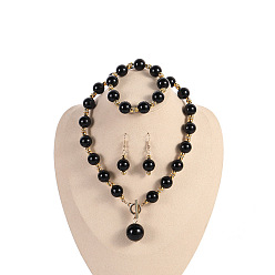 Черный Пластиковые искусственные жемчужины круглые бусины подвески ожерелья и серьги-подвески и браслеты наборы для женщин, сплав ювелирных изделий, золотые, чёрные, 470 мм